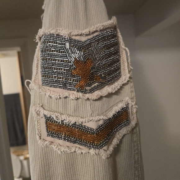 Free People Embellished Beaded Eagle Military Corduroy Shacket Jacket Tan - Picture 3 of 4